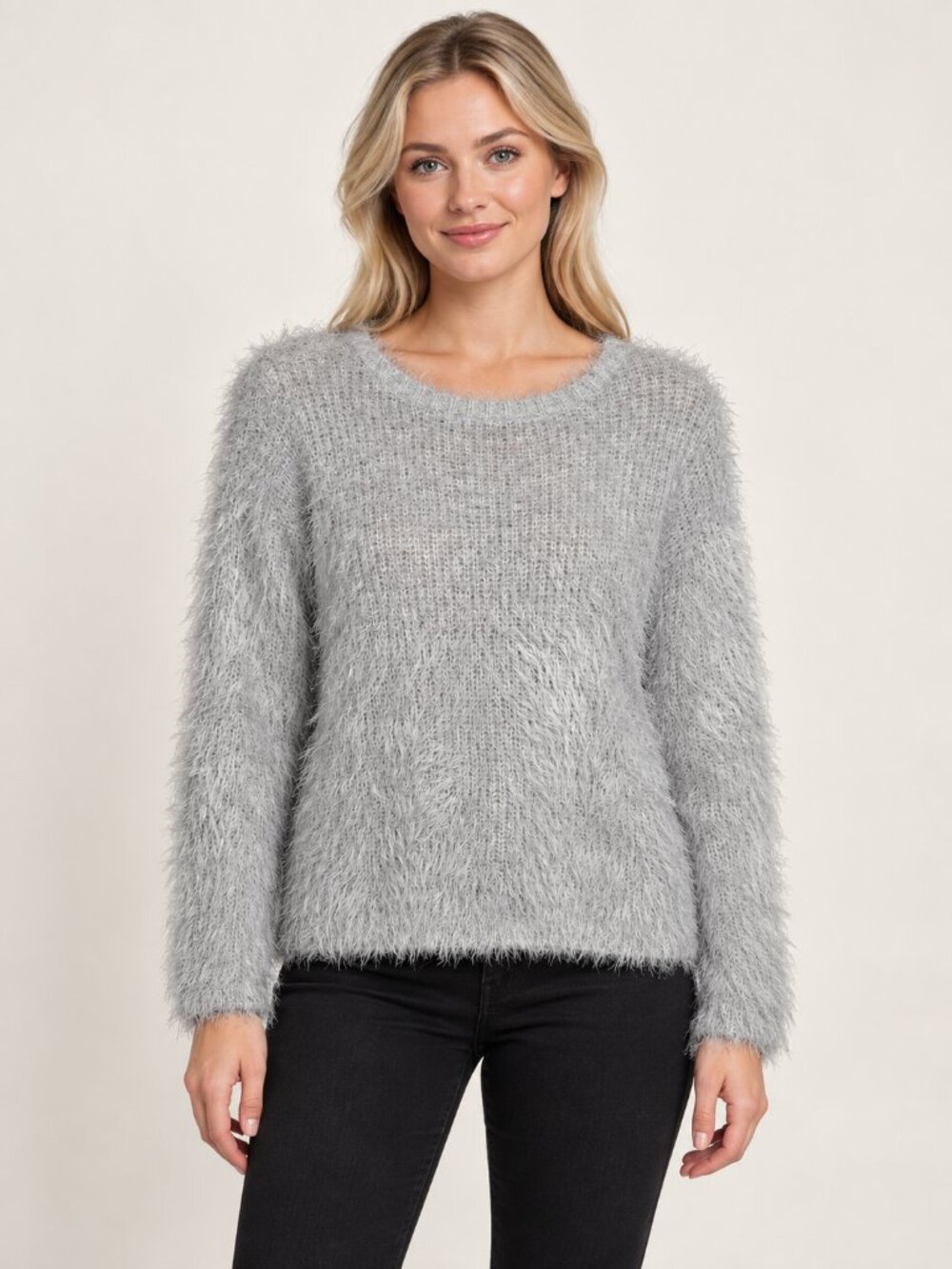 2/$30 Small Light Gray Fuzzy Eyelash Knit Crew Neck Long Sleeve Sweater